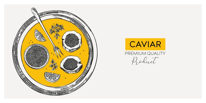 Seafood platter in collage style. Black caviar abstract banner design for restaurant menu or finger food party. Hand-drawn canned caviar, black caviar canape, lemons sketches. Vector food background